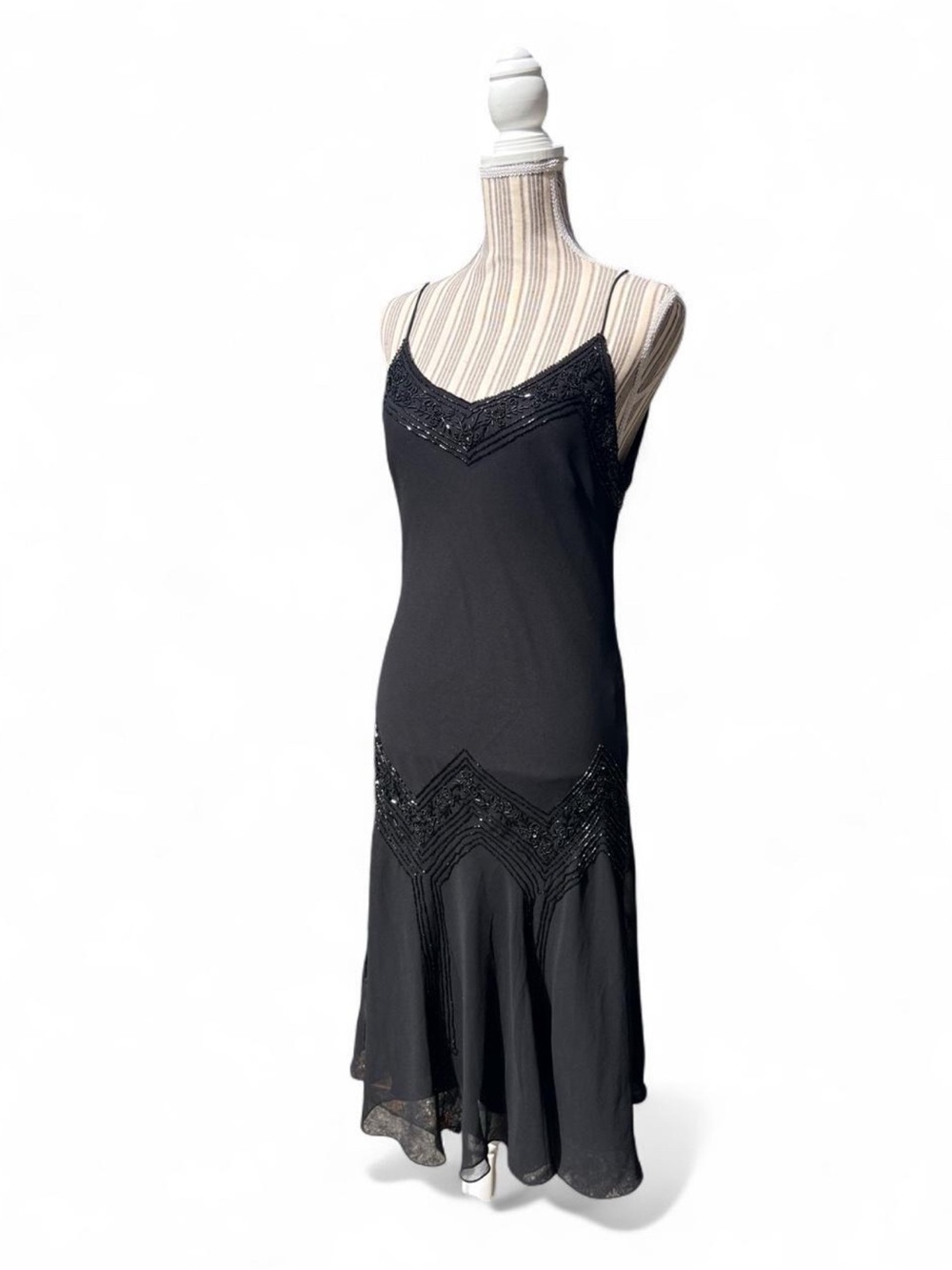Vintage 80s Leslie Fay Black Beaded Maxi Formal Spaghetti Strap Evening Dress
